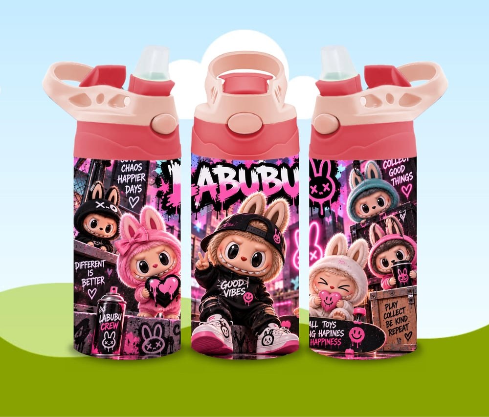 Labubu Inspired Pink Black Kawaii Water Bottle | Graffiti Bunny Tumbler (Kids), view 2