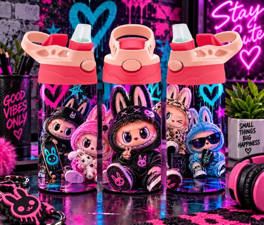 Monster Bunny Water Bottle | Pink Black Kawaii Tumbler (Labubu Inspired)