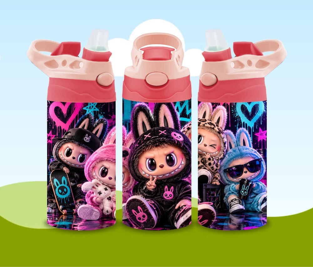 Monster Bunny Water Bottle | Pink Black Kawaii Tumbler (Labubu Inspired), view 2