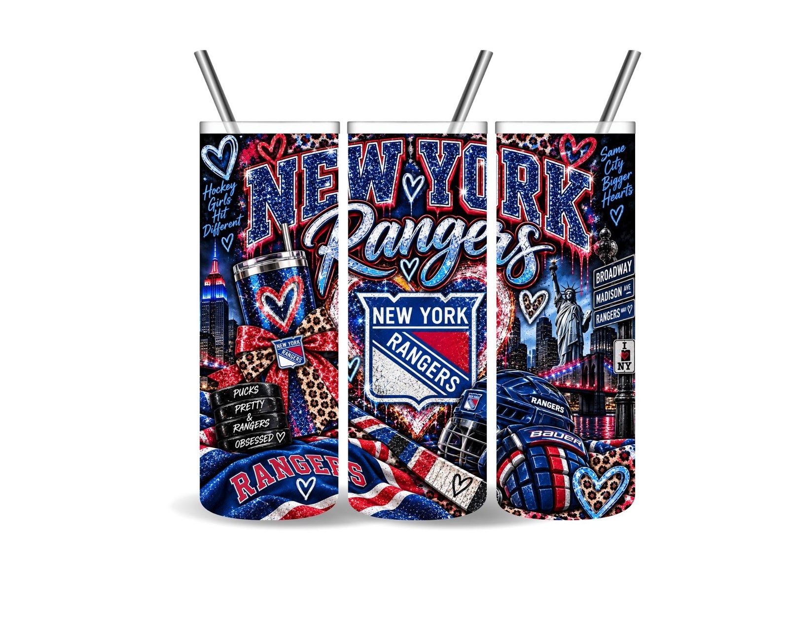New York Rangers 20oz Tumbler | Hockey Fan Gift, City Scenery, Hearts (Stainless Steel), view 6