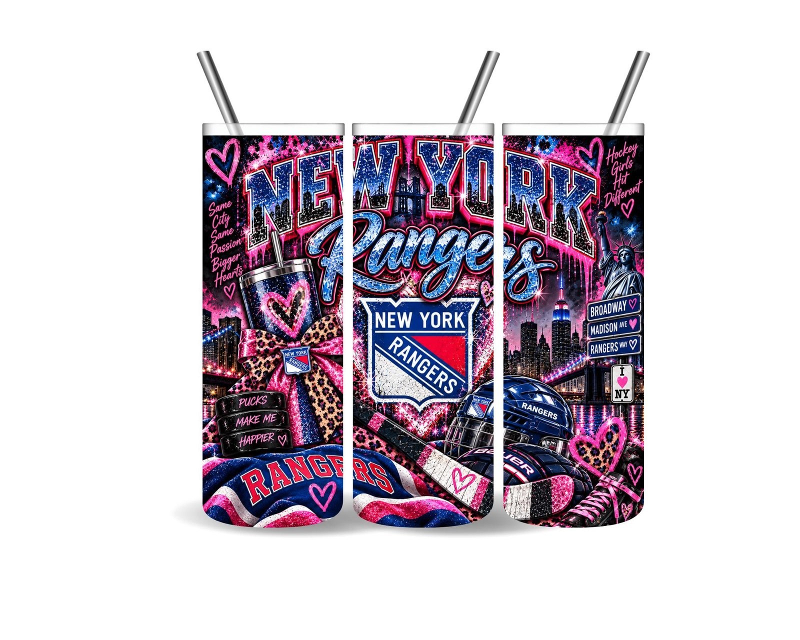 New York Rangers 20oz Tumbler | Hockey Fan Gift, City Scenery, Hearts (Stainless Steel), view 7