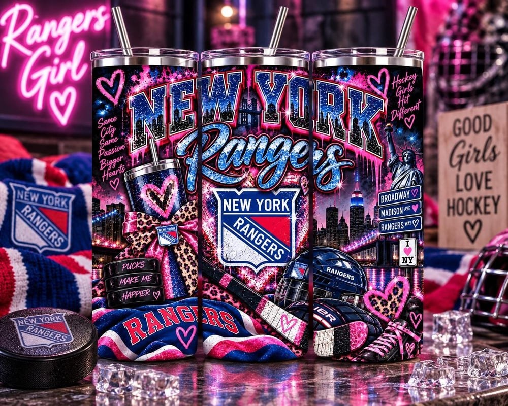 New York Rangers 20oz Tumbler | Hockey Fan Gift, City Scenery, Hearts (Stainless Steel), view 2