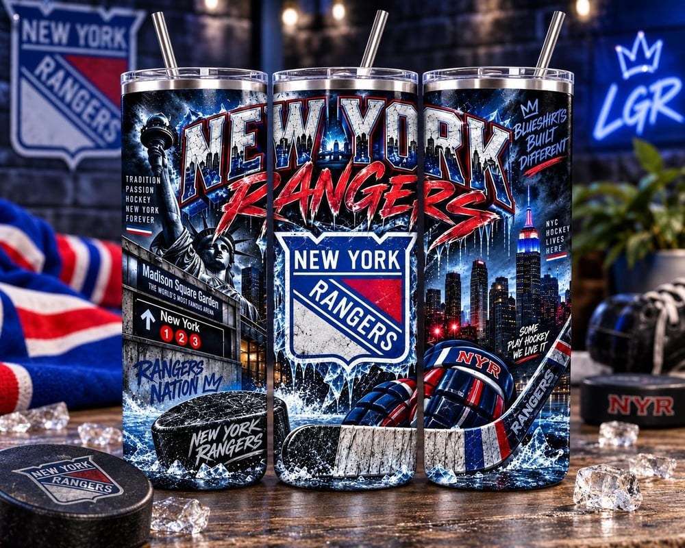 New York Rangers 20oz Tumbler | Hockey Fan Gift, City Scenery, Hearts (Stainless Steel), view 4