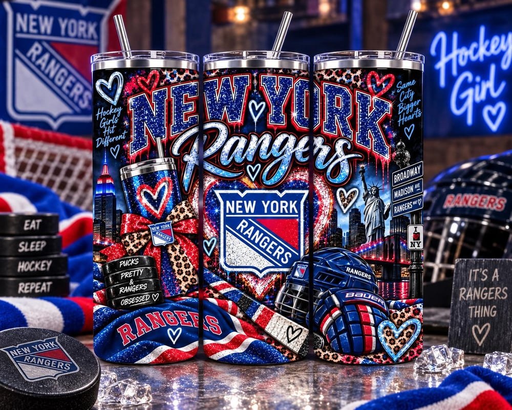 New York Rangers 20oz Tumbler | Hockey Fan Gift, City Scenery, Hearts (Stainless Steel), view 3