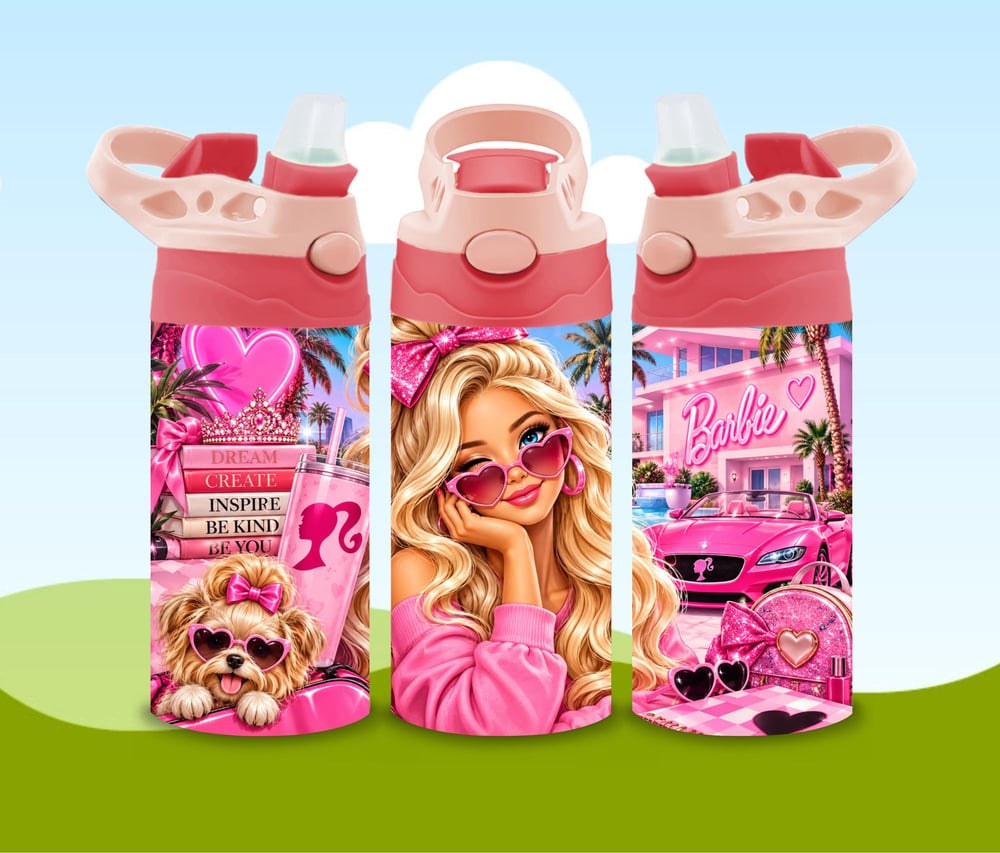 Pink Fashion Doll Water Bottle | Girly Glam Tumbler for Girls (Handmade), view 2