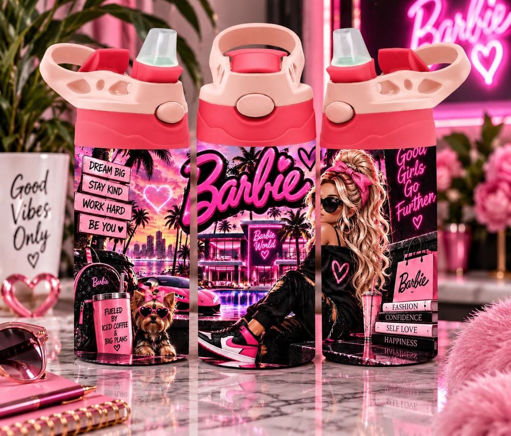 Pink Glam Fashion Doll Water Bottle | Full-Wrap Sublimated Design (Reusable Tumbler)