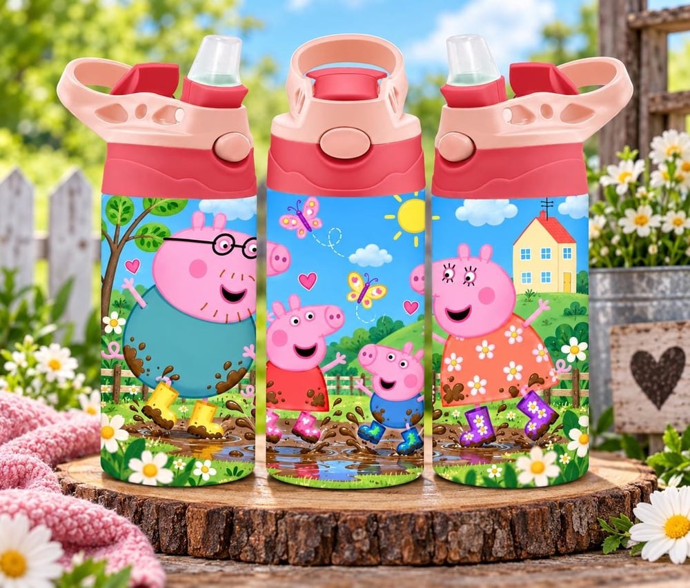 Pink Pig Family Water Bottle | Muddy Puddle Kids Tumbler (Handmade)