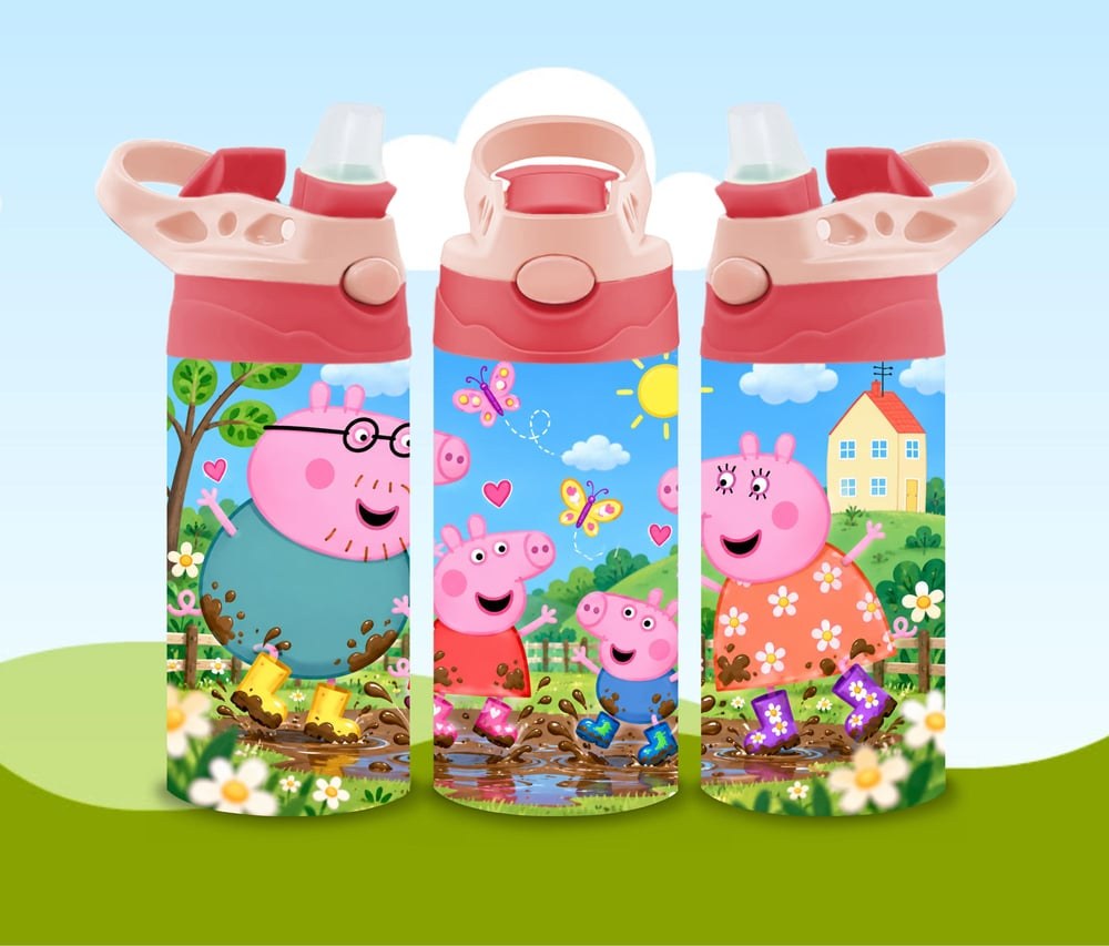 Pink Pig Family Water Bottle | Muddy Puddle Kids Tumbler (Handmade), view 2