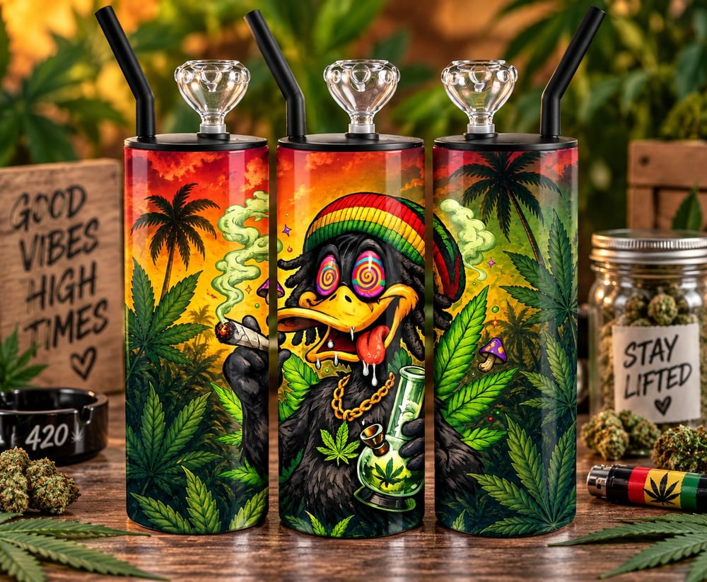 Rasta Stoner Duck 20 oz Cold Smoke Tumbler | Trippy Cannabis Duck Design | Psychedelic 420 Drinkware