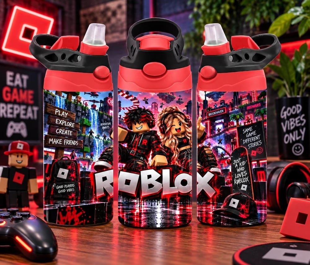 Roblox Gaming Water Bottle | Red Black Gamer Tumbler with Straw (Kids Gift)