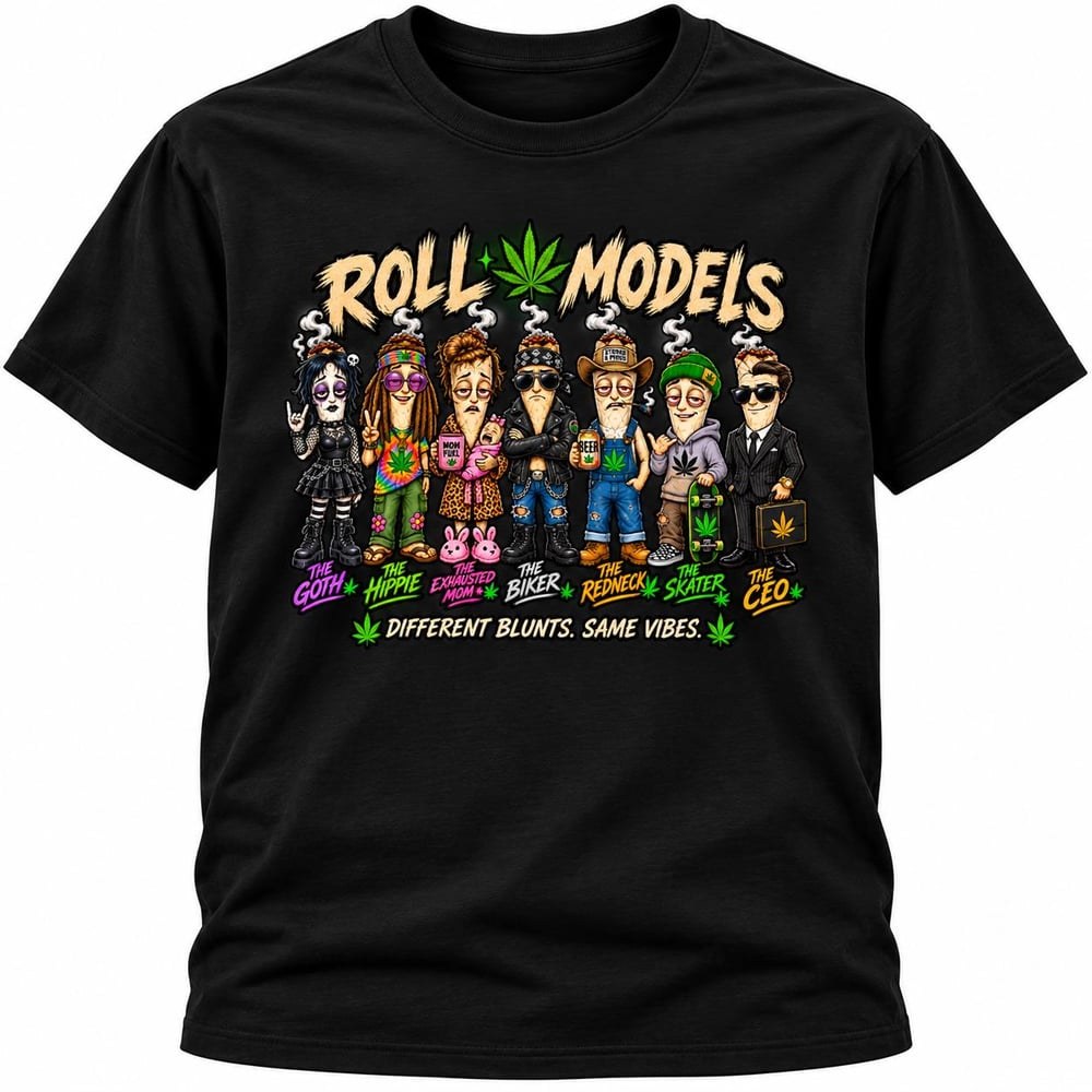 Roll Models Funny Stoner T-Shirt | Different Blunts Same Vibes Tee | Cannabis Humor Shirt | Gilda..., view 2