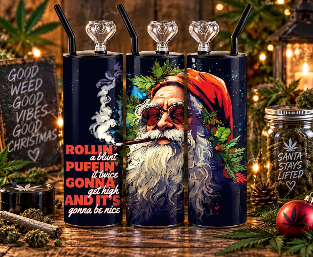 Rollin' a Blunt Puffin' It Twice 20 oz Cold Smoke Tumbler | Stoner Santa Christmas Design