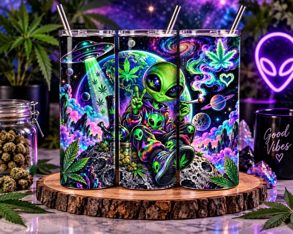 Trippy Alien Cannabis Tumbler 20oz | Psychedelic Space Weed Tumbler | 420 Stoner Gift | UFO Alien...