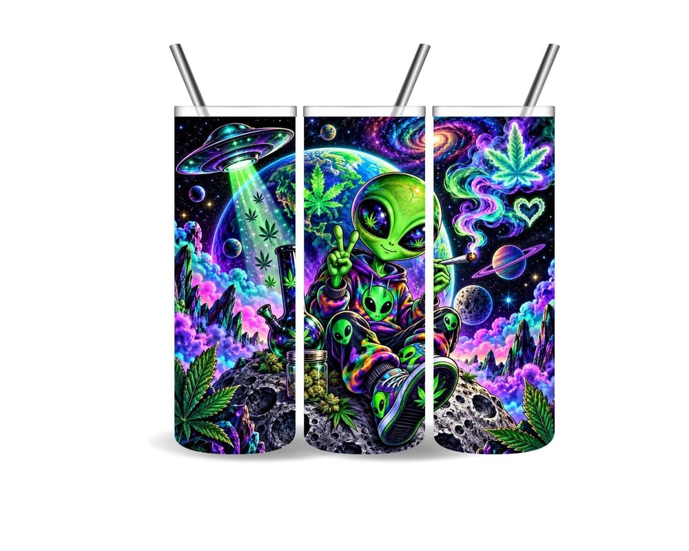 Trippy Alien Cannabis Tumbler 20oz | Psychedelic Space Weed Tumbler | 420 Stoner Gift | UFO Alien..., view 2