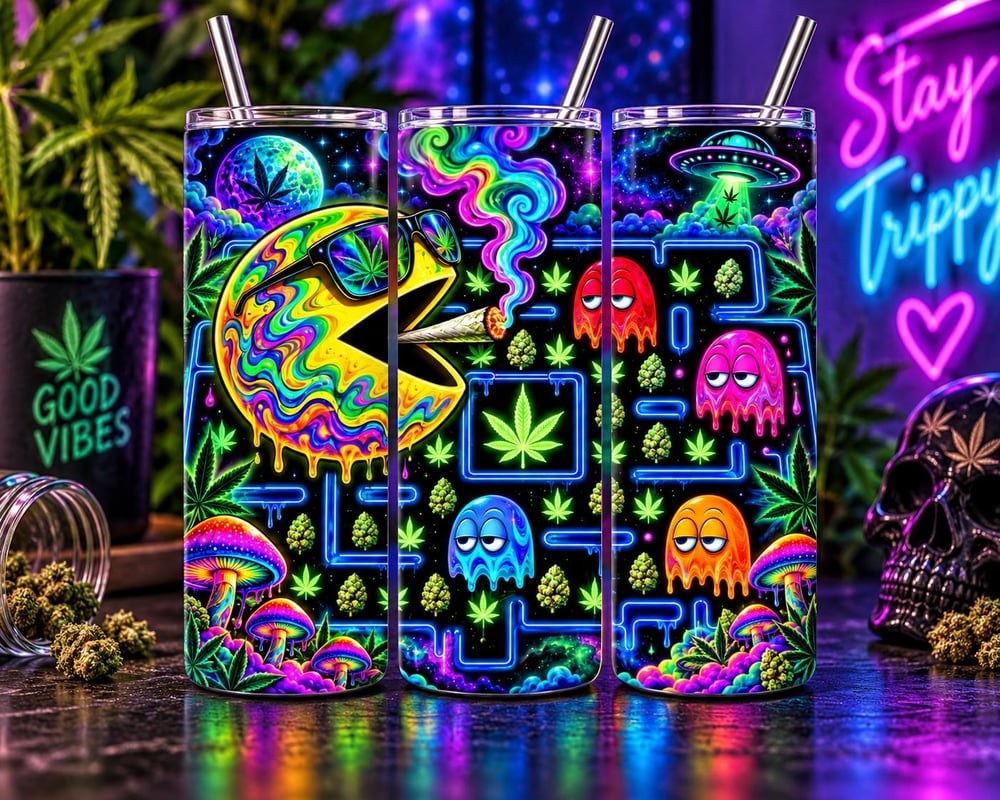 Trippy Cannabis Arcade Tumbler 20oz | Psychedelic Gamer Weed Tumbler | Retro Stoner Cup | 420 Gif...