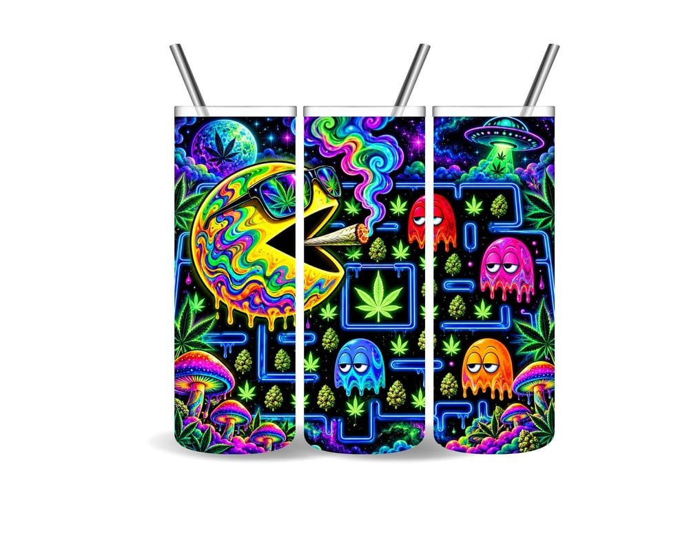Trippy Cannabis Arcade Tumbler 20oz | Psychedelic Gamer Weed Tumbler | Retro Stoner Cup | 420 Gif..., view 2