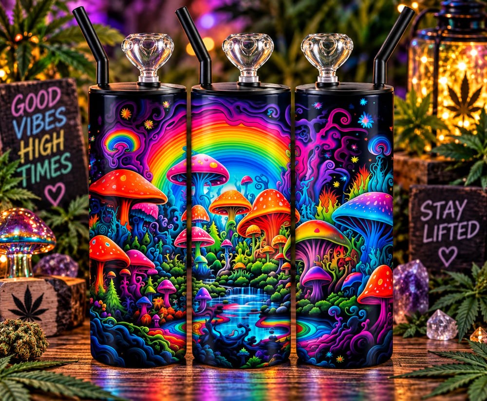 Trippy Mushroom Wonderland 20 oz Cold Smoke Tumbler | Psychedelic Rainbow Fantasy Design