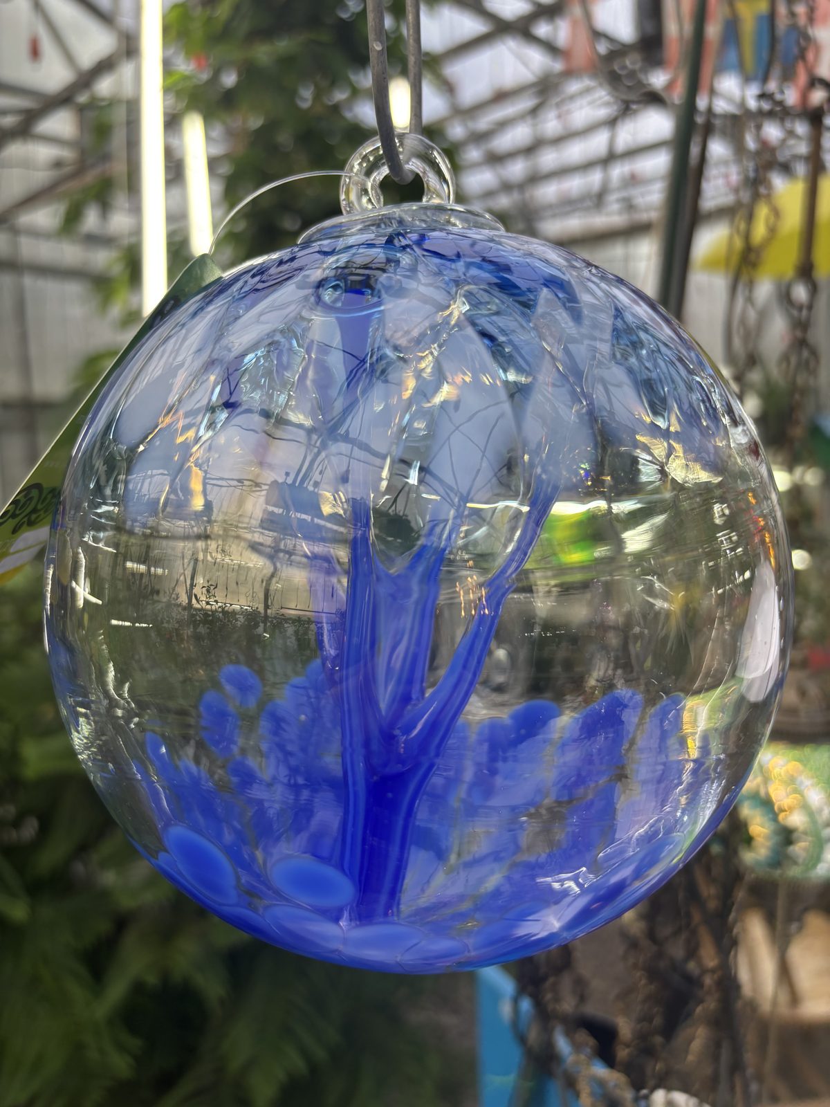 Cobalt blue hand-blown glass ball hanging in the greenhouse