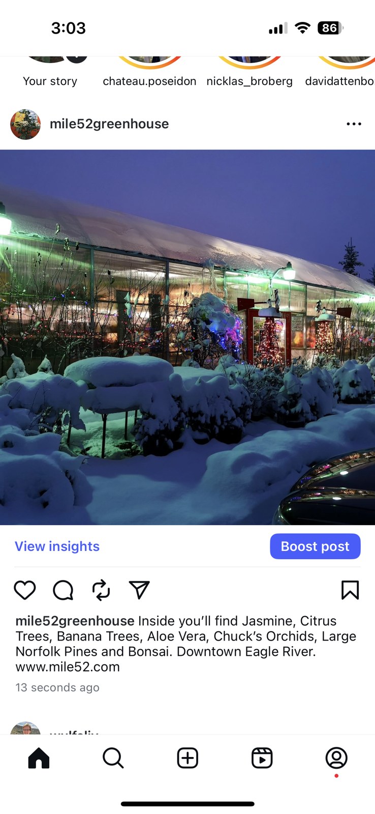 Greenhouse in winter pictured in an Instagram post