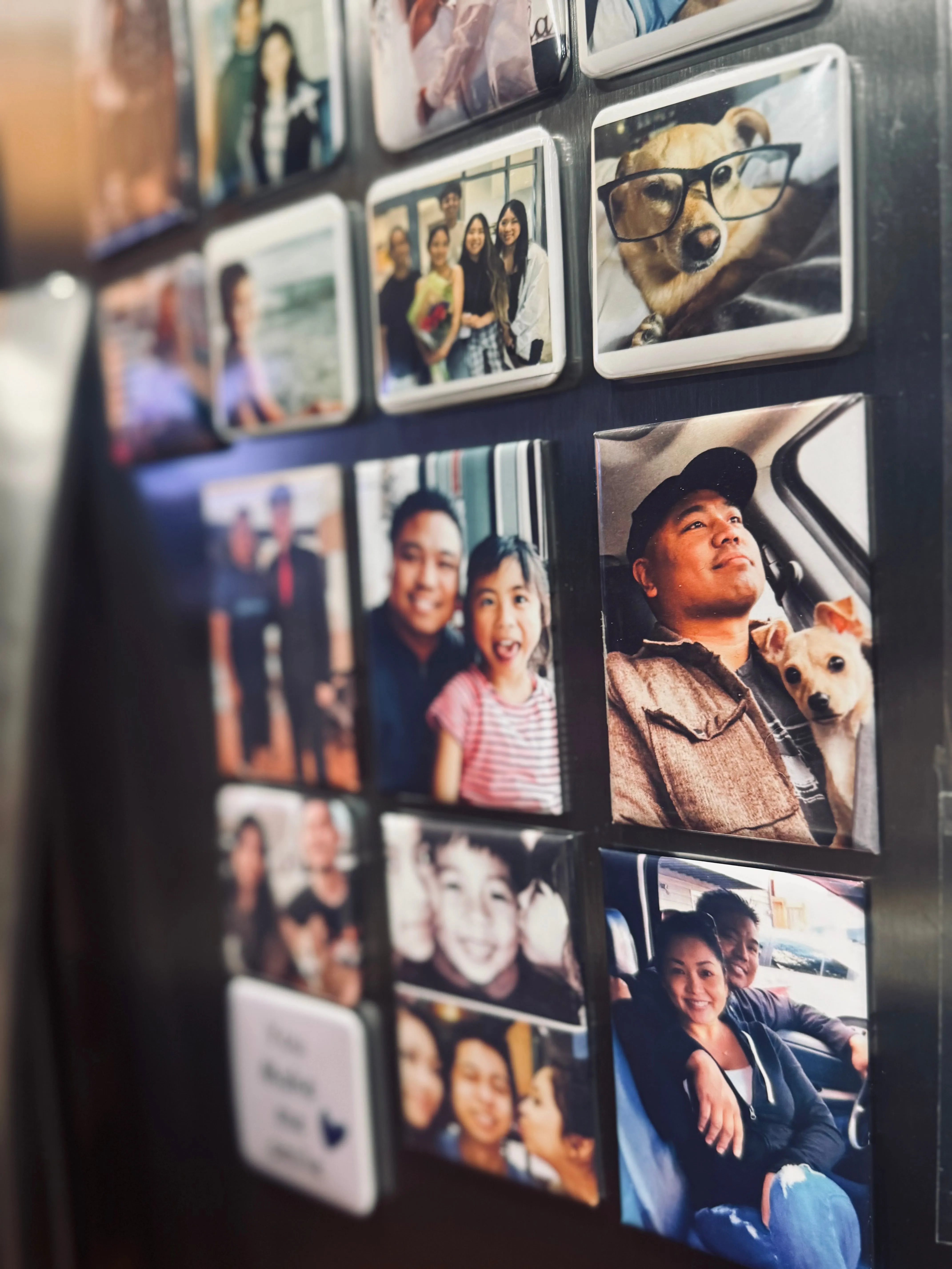 Personalized photo magnets displayed as keepsakes