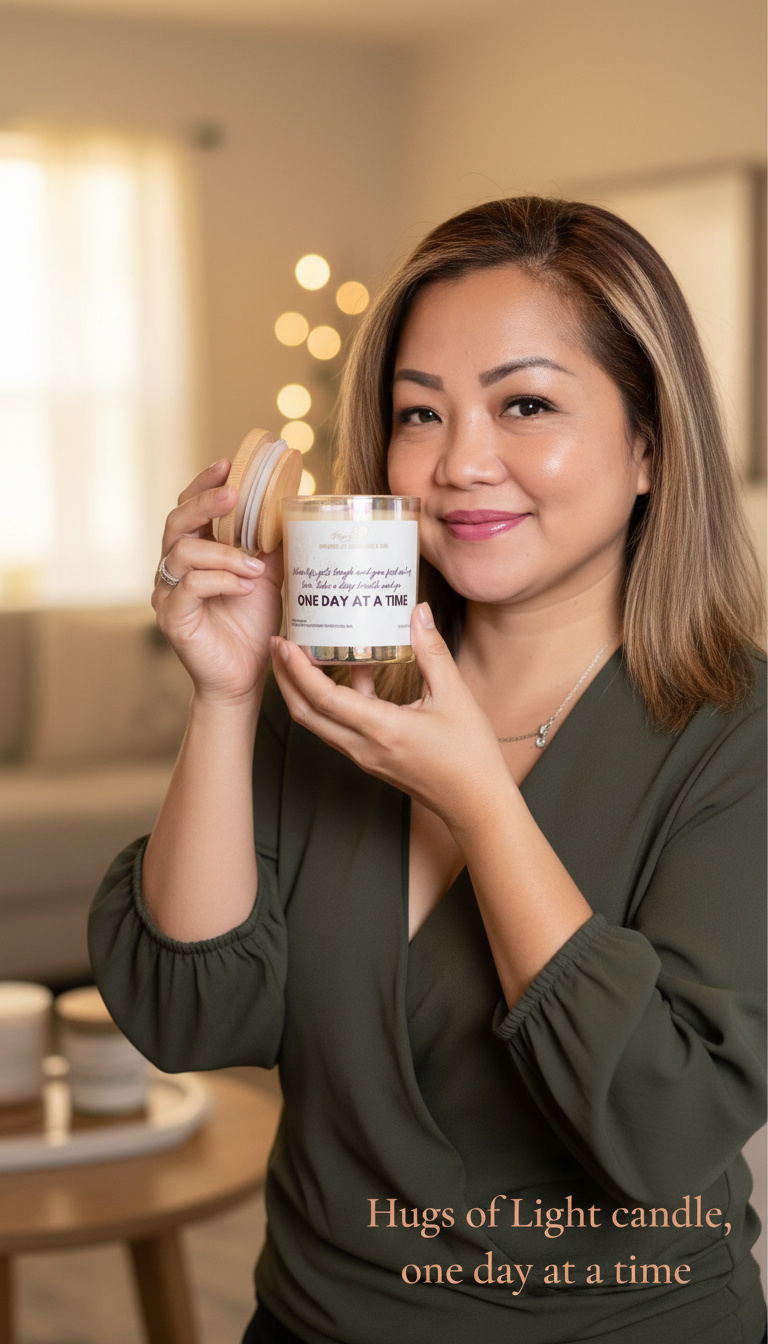A Hugs of Light candle label with a reminder to take one day at a time
