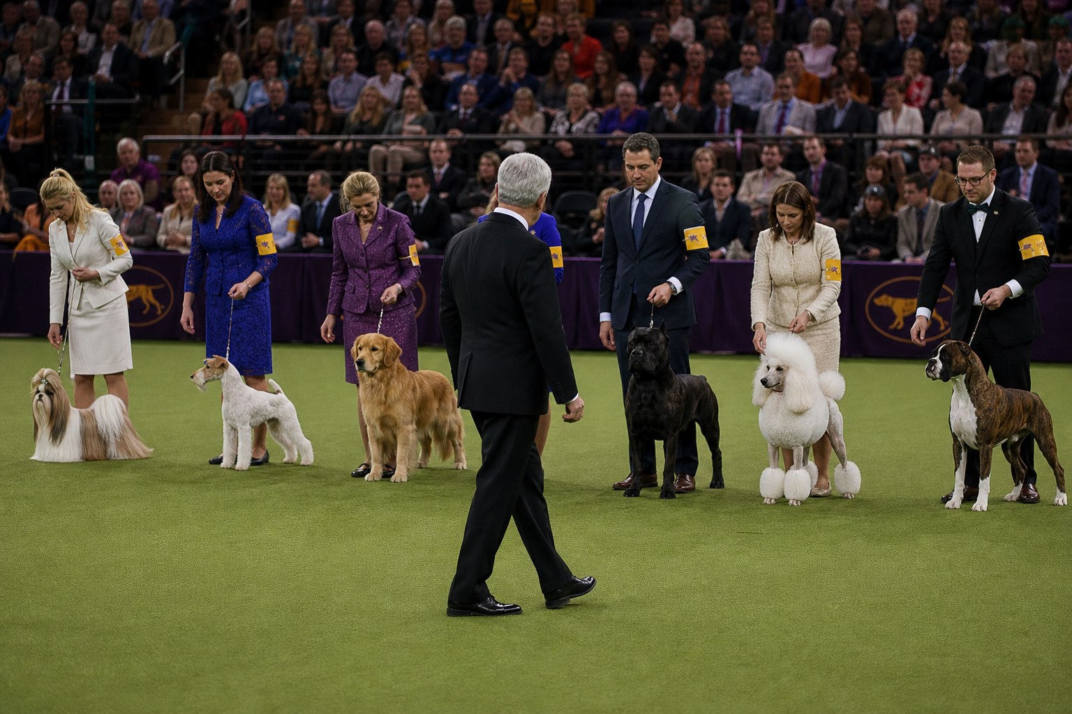Judge walking past handlers and purebred dogs in a Best in Show lineup