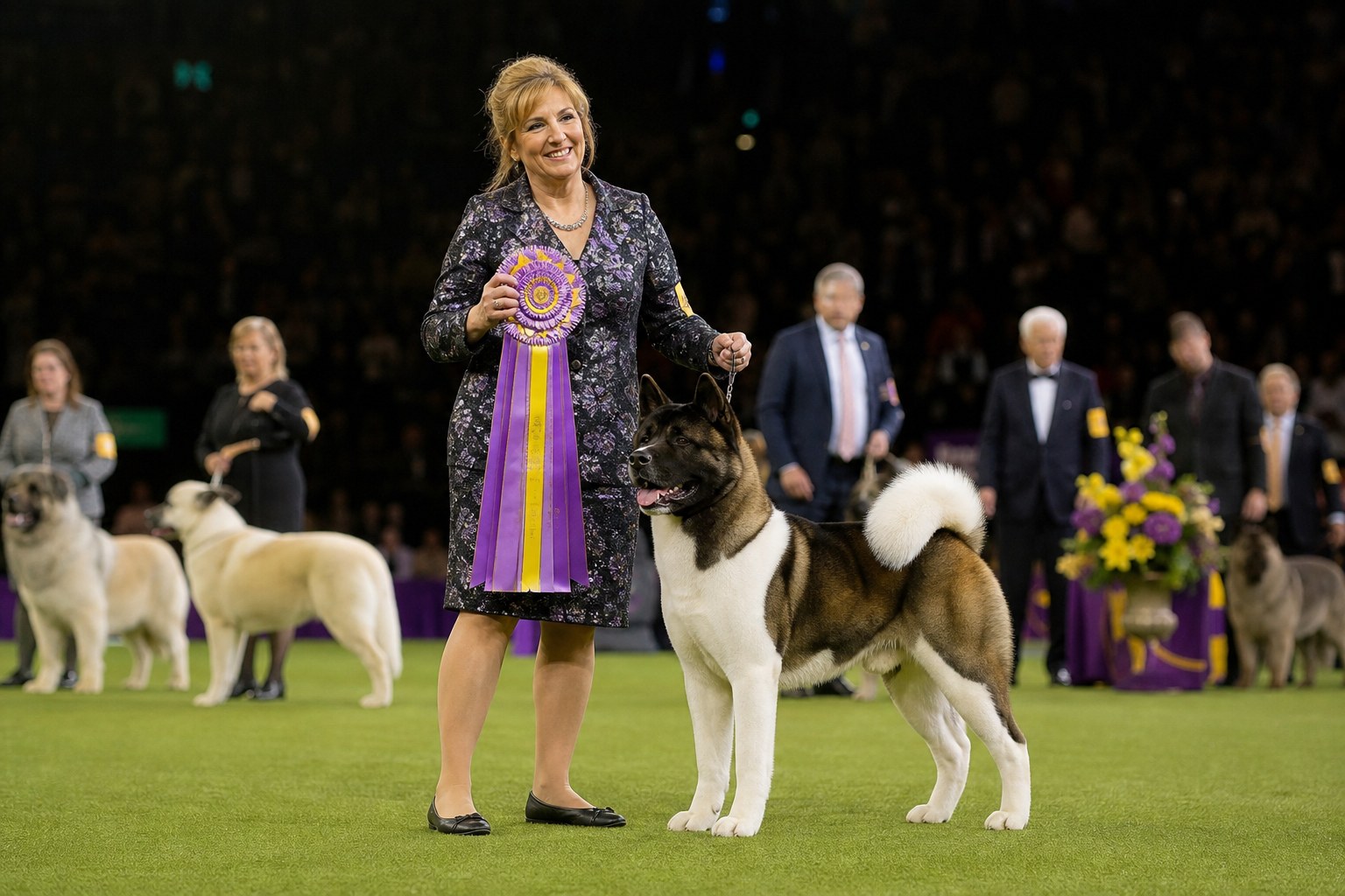 Handler standing with a purebred dog after group judging