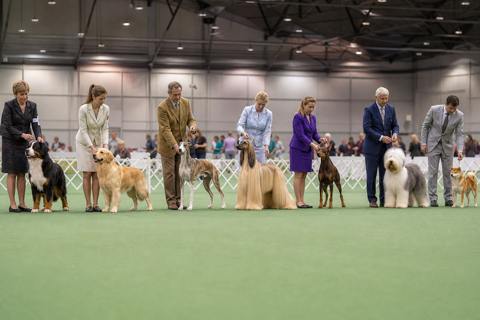 Handlers presenting seven distinctive purebred dogs in a Best in Show lineup