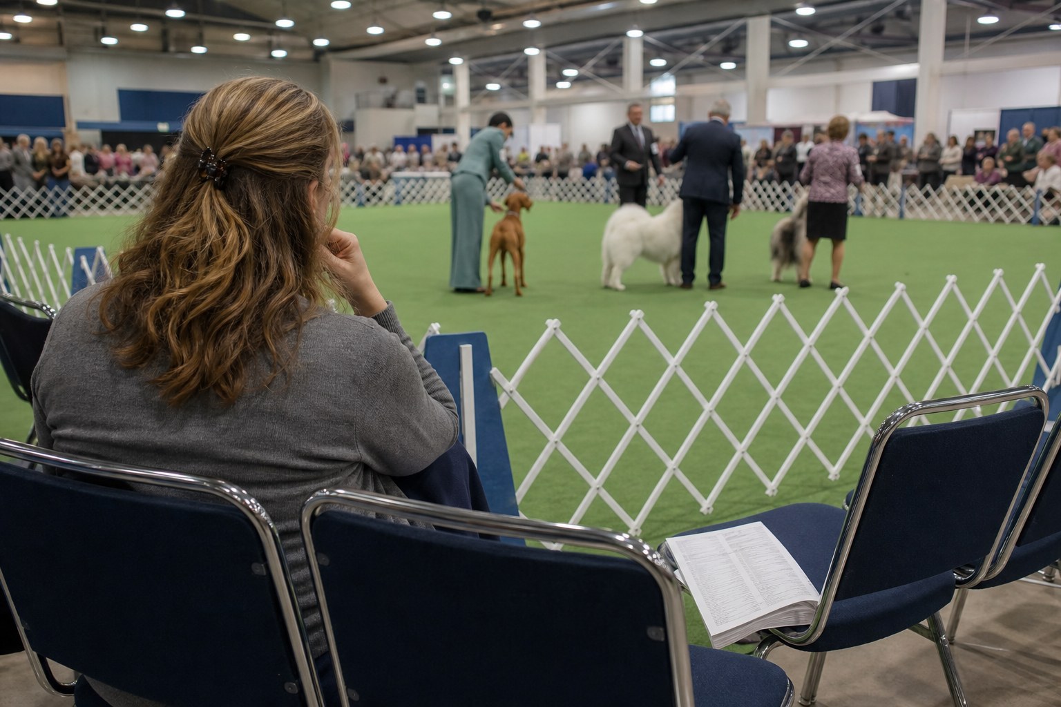 Spectator watching conformation judging from ringside seating