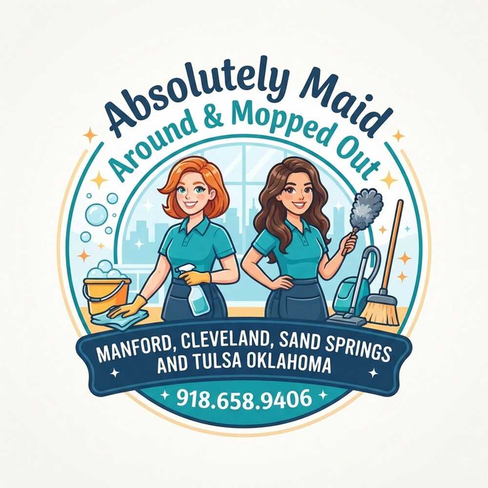 Absolutely Maid Around & Mopped Out illustrated logo