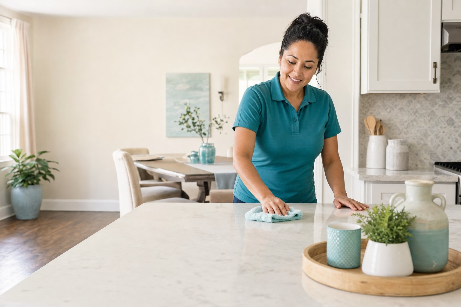 Cleaner wiping a bright kitchen counter