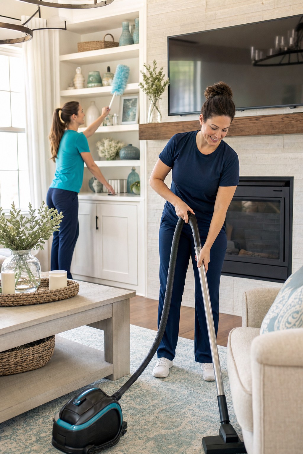 Two cleaners caring for a living room
