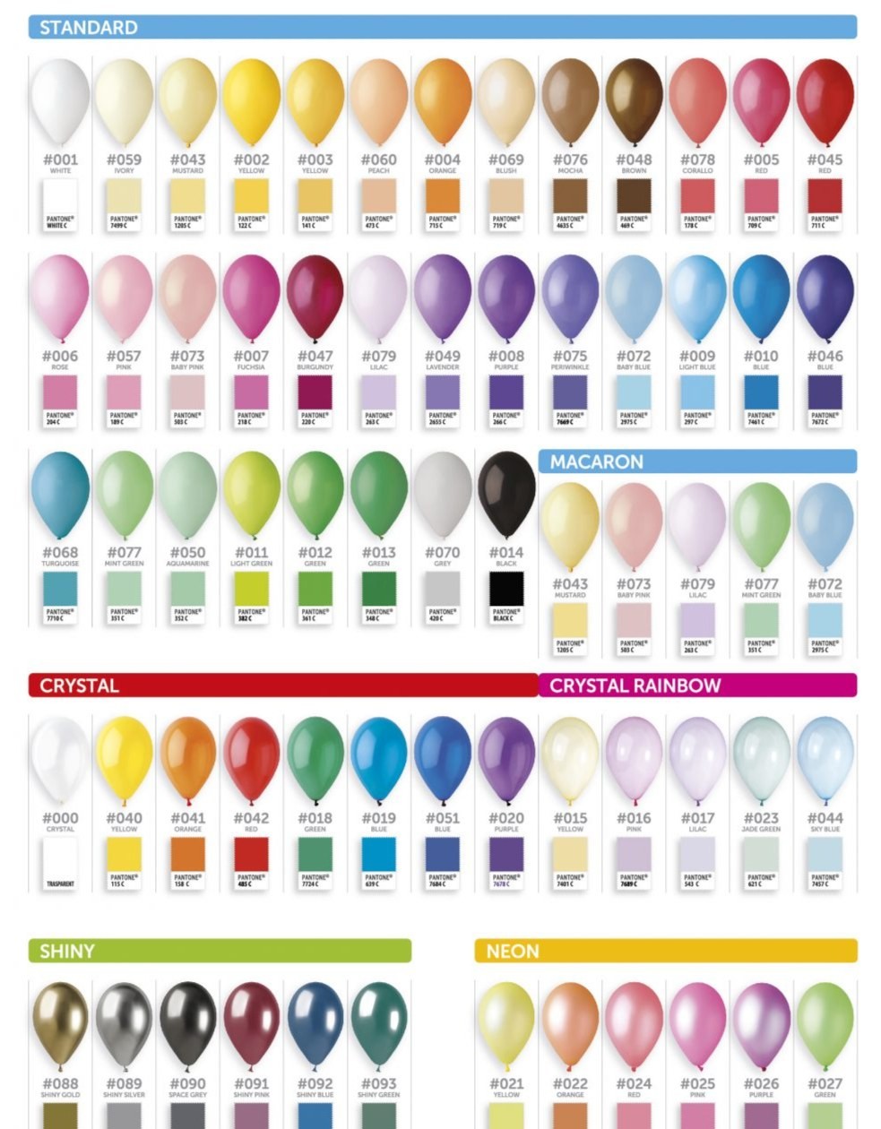 Balloon color chart showing standard, macaron, crystal, shiny, neon, and metallic colors