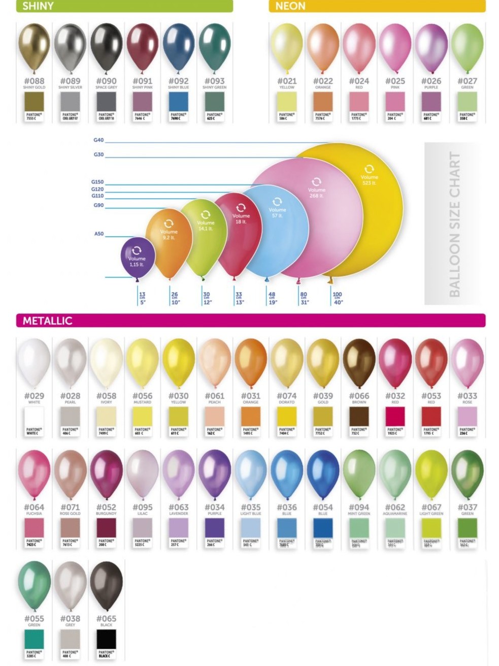 Balloon size chart with metallic balloon color options
