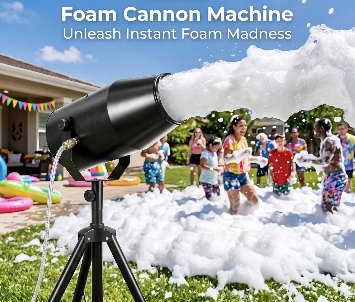 Foam cannon machine spraying foam at an outdoor party