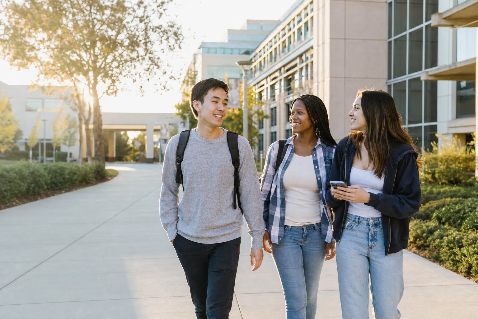 Three college students walking together on campus in the afternoon