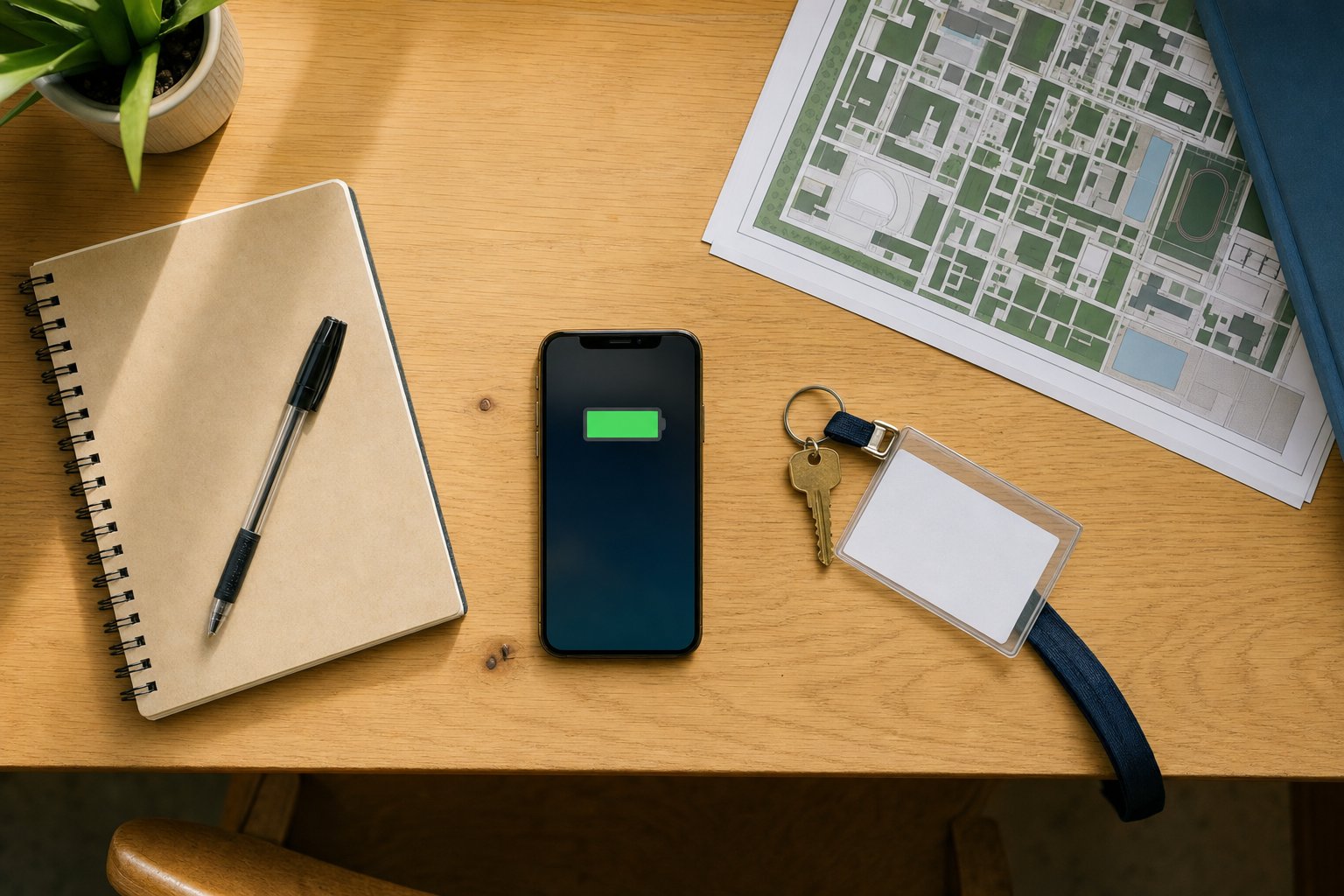Campus map, phone, key, ID card, and notebook arranged on a desk