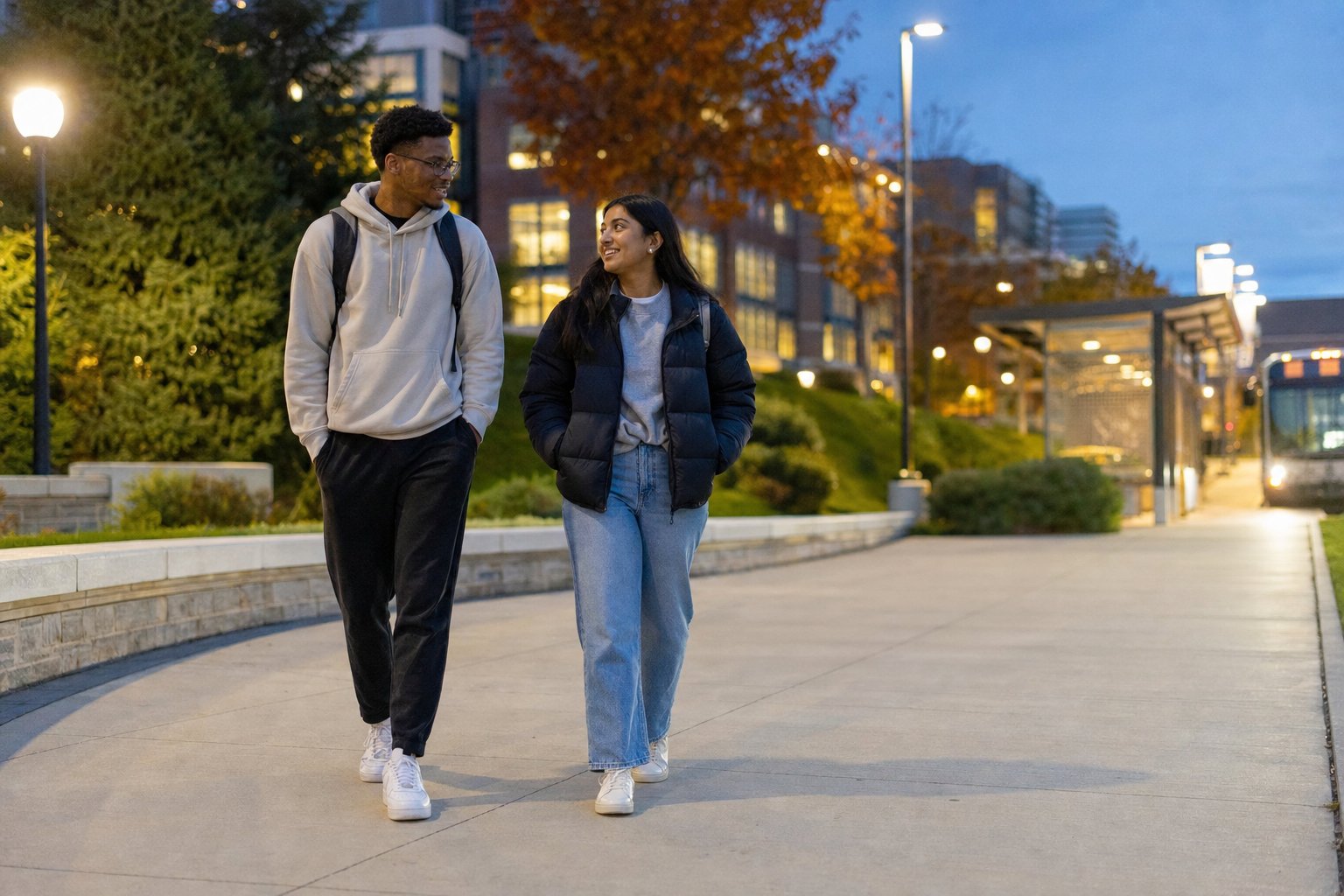 Two college students walking together on a well-lit campus path at dusk