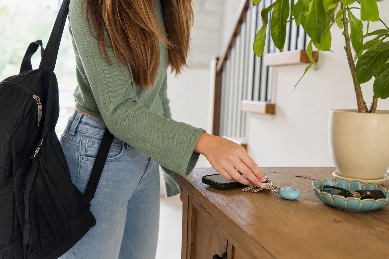 Teenager placing keys, phone, and a small personal alarm keychain on a hall table