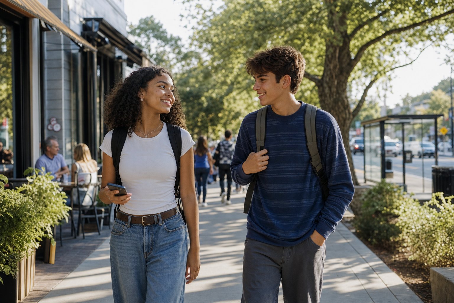 Two teenagers walking together on a busy neighborhood sidewalk after school