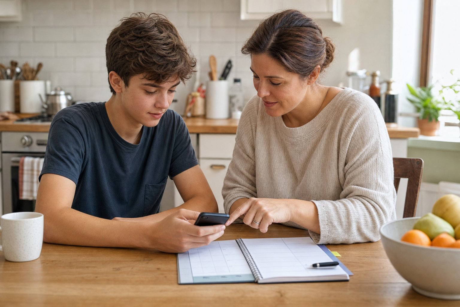Teenager and parent setting up a check-in plan together at a kitchen table