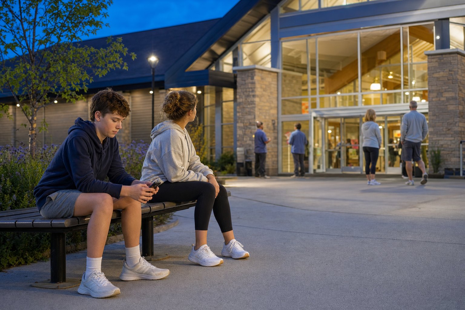 Two teenagers waiting together near a bright, staffed community center entrance at dusk