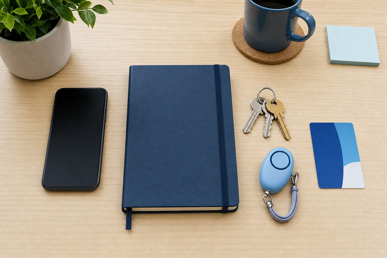Phone, notebook, keys, and a personal alarm arranged on a work desk