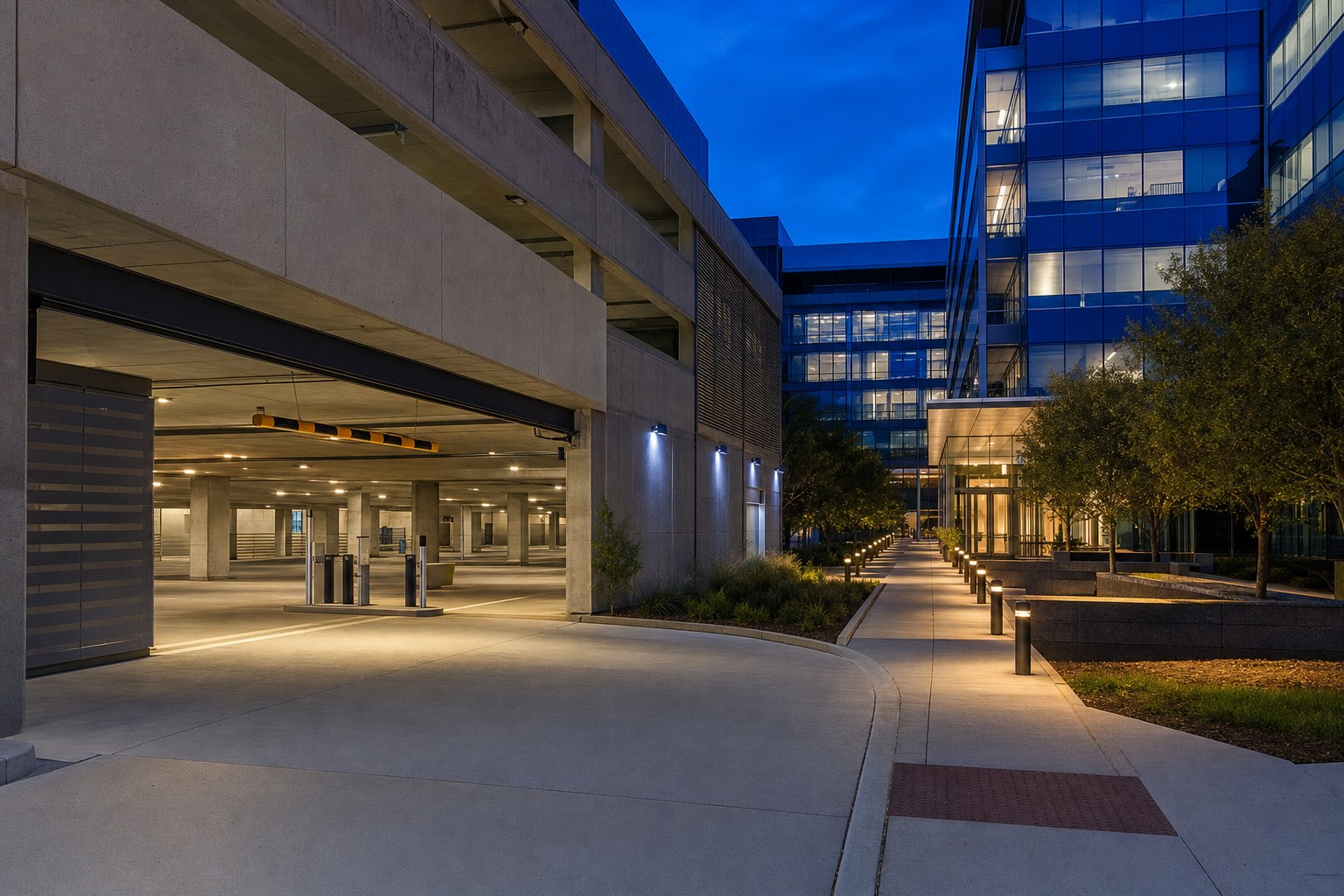 Well-lit walkway between an office building and parking garage at dusk