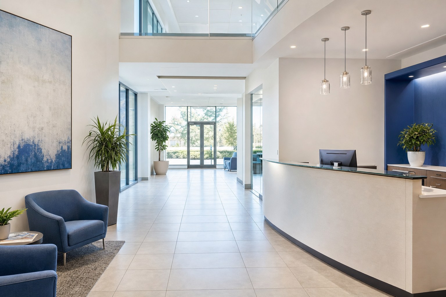 Bright workplace lobby with a clear route to reception and an exterior exit