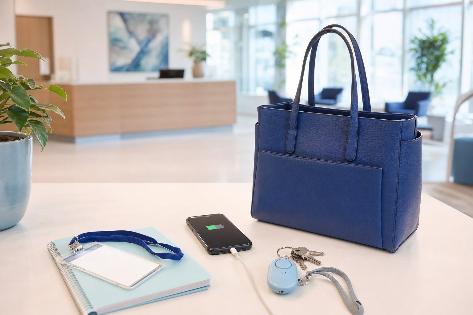 Work bag, phone, keys, and a personal alarm on a bright office desk