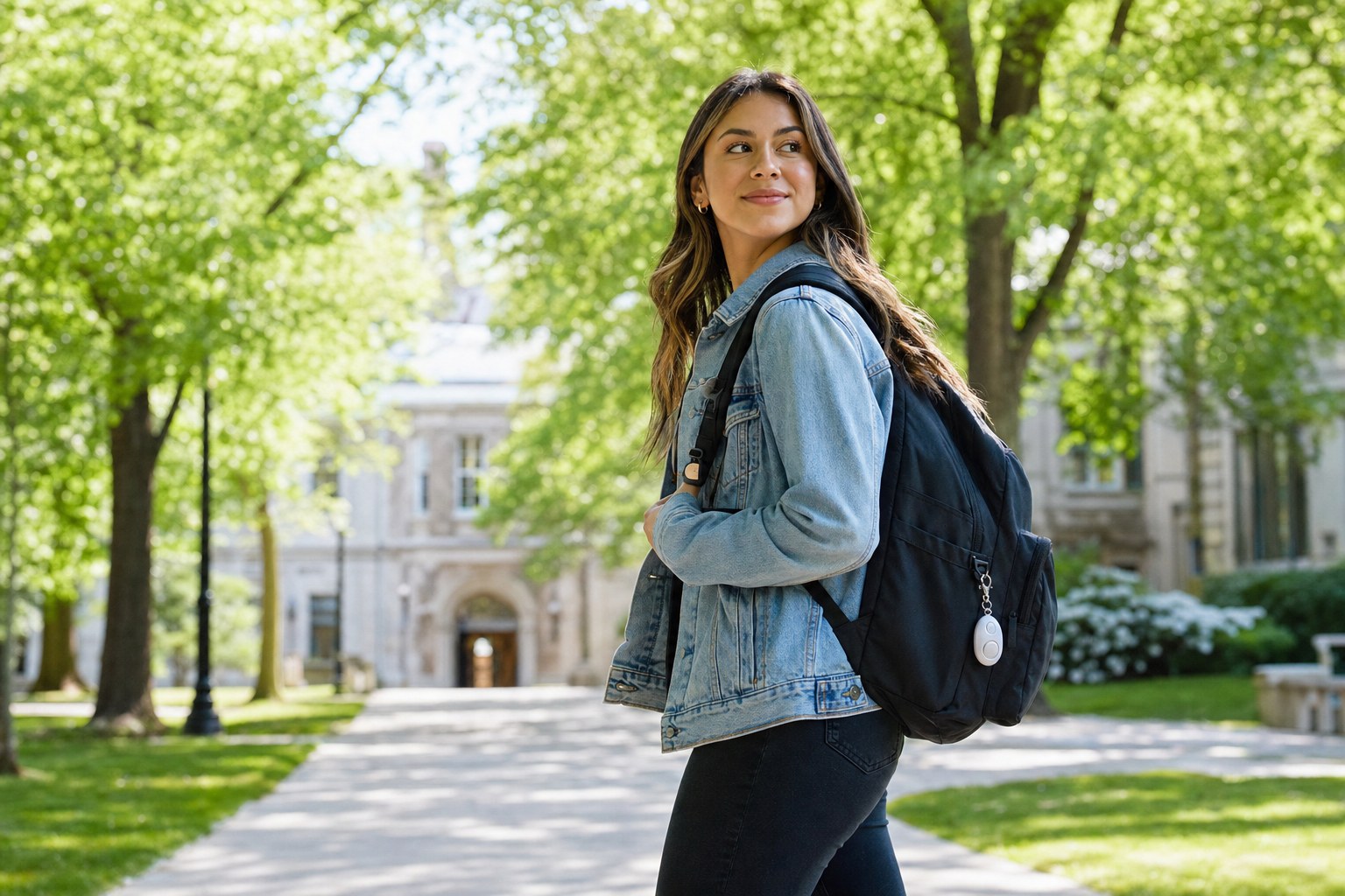 College student walking across campus