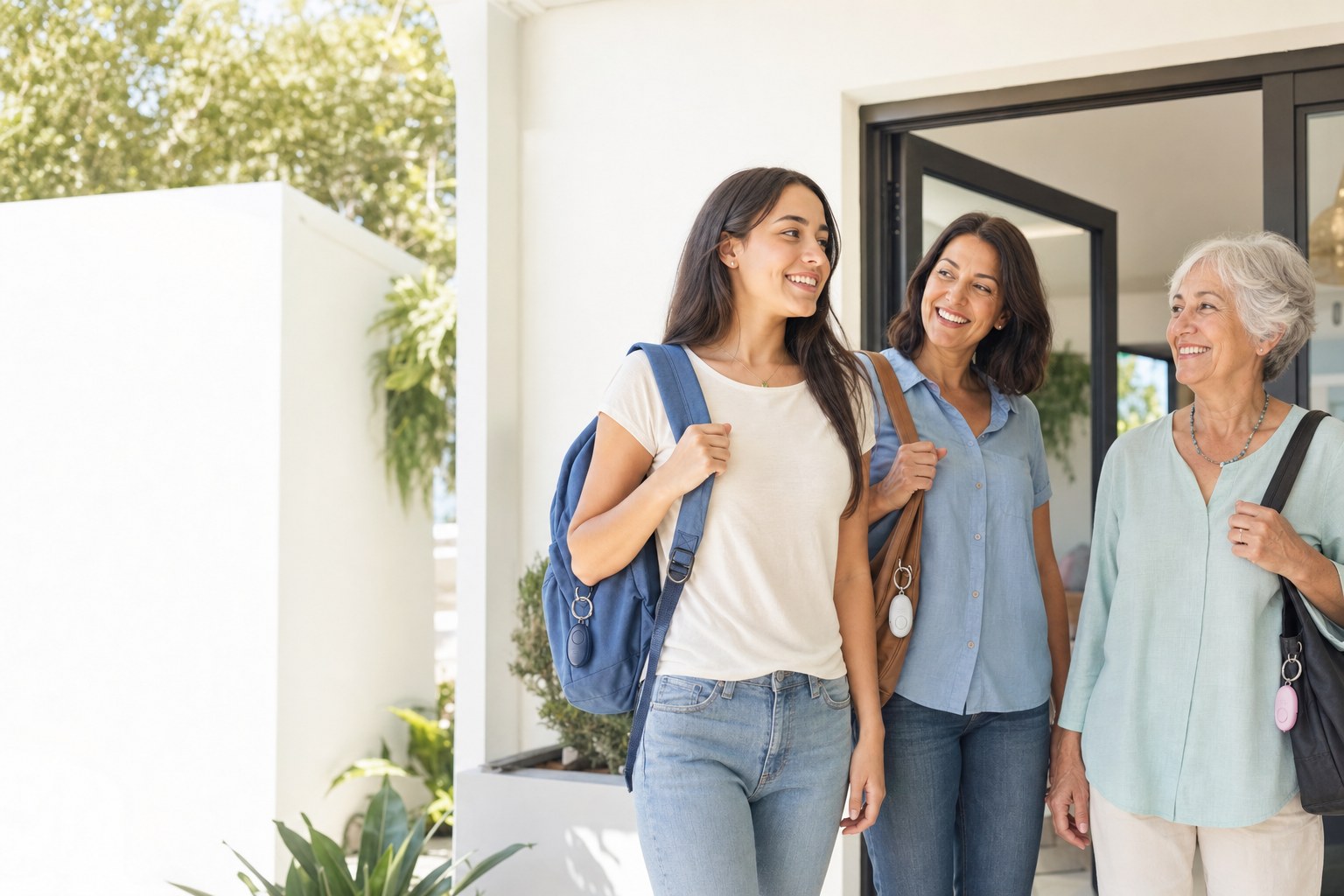 Three generations preparing to leave home with discreet safety keychains