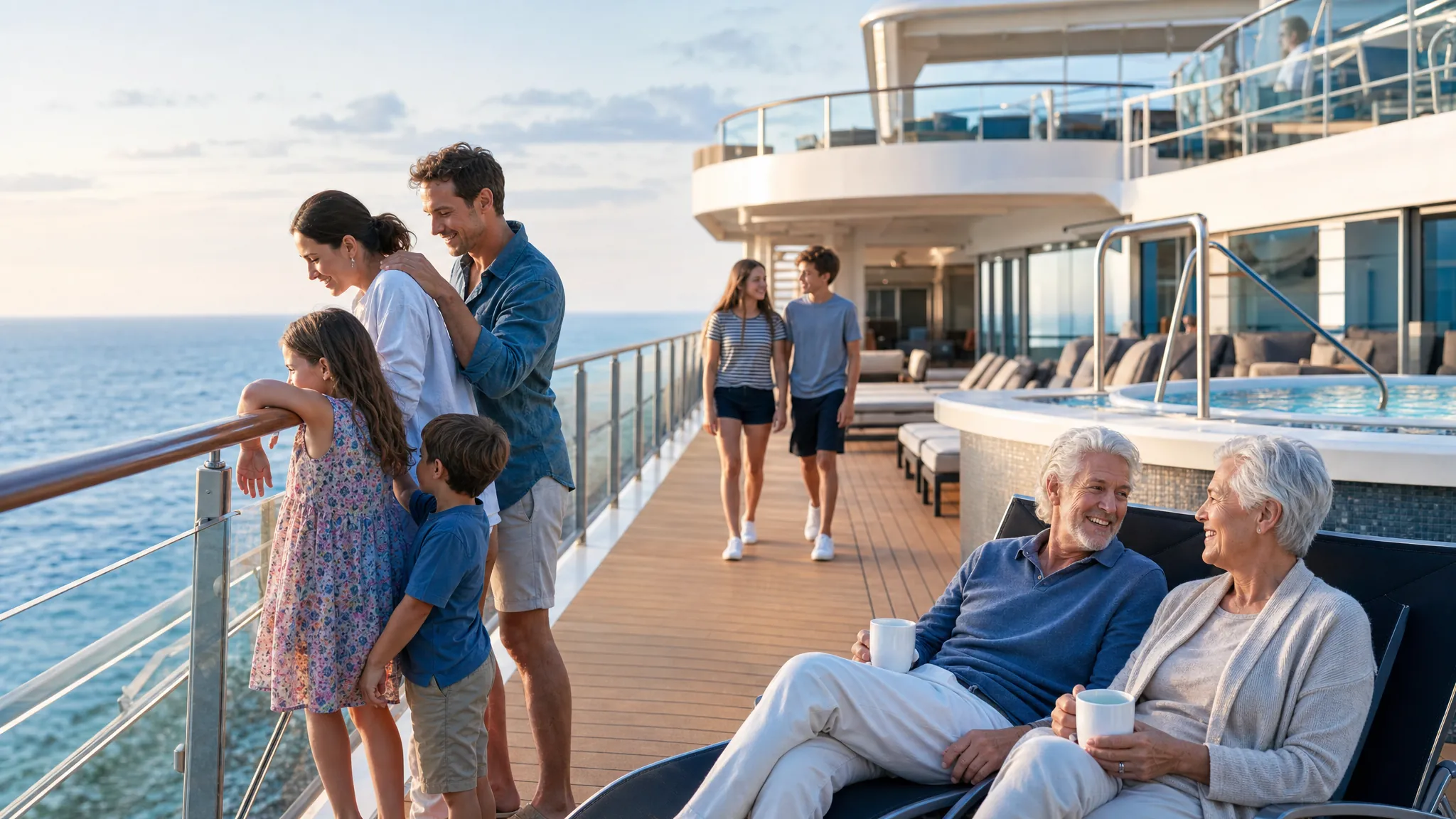 Several generations enjoying different moments together on a cruise ship deck