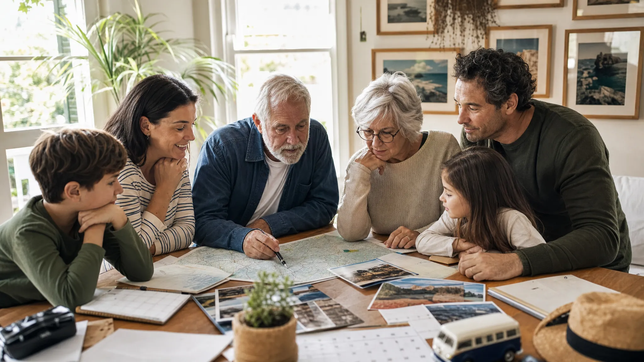 Family members discussing a reunion trip together around a table